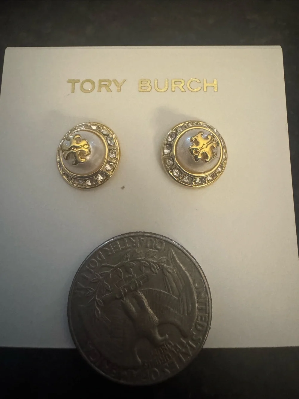 Tory Burch Gold and Pearl Center Logo Stud Earrings